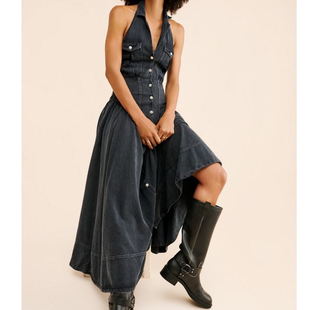 FP Free People Black Wash Denim Soundwave Halter Button Cotton Open Back Dress